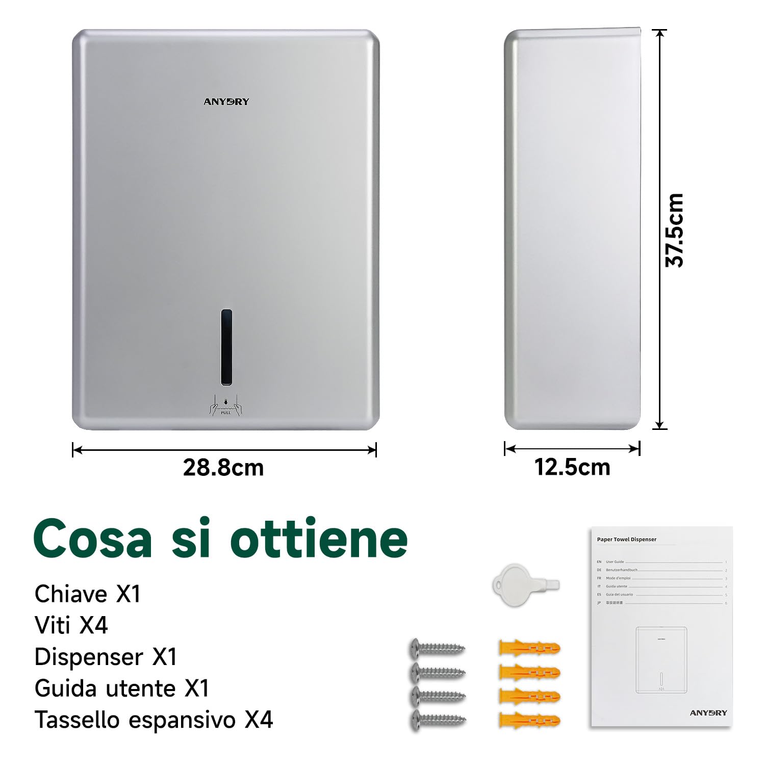 anydry Dispenser Asciugamani di Carta a Parete, Piega H3/V/ZZ, Dimensioni Da Piegato Max 25,2 x 11,5 cm, Modello 5302H, Argento