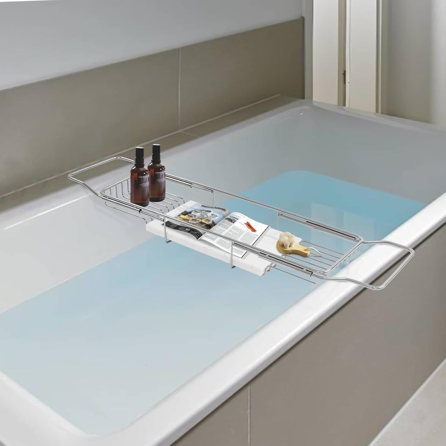 Bandeja de bañera de Acero Inoxidable y mármol | Bandeja de bañera extensible de acero inoxidable y mármol, capacidad de 20 kg (44 lbs), ideal para spa y baño.(Silver+white)