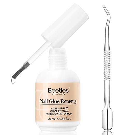 Beetles Nail Glue Remover Glue 20ml for False Nails, Press on Nails Glue Remover for Fake Nail Tips Acrylic Nail Adhesive Remover with Cuticle Pusher, Not for Uv Gel Glue or Gel Polish