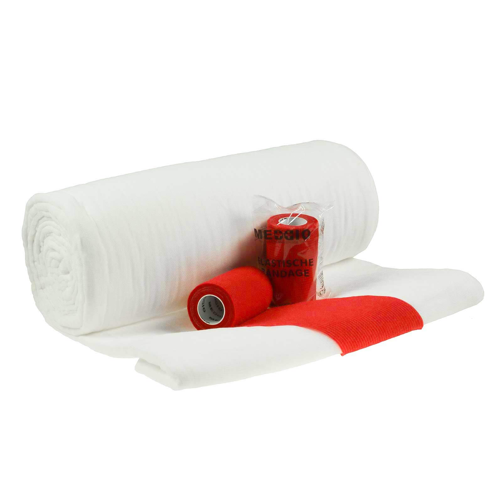 Mullwatterolle 40x500cm + 12 Haftbandagen 10cm rot Mullwatte Verbandwatte Mull
