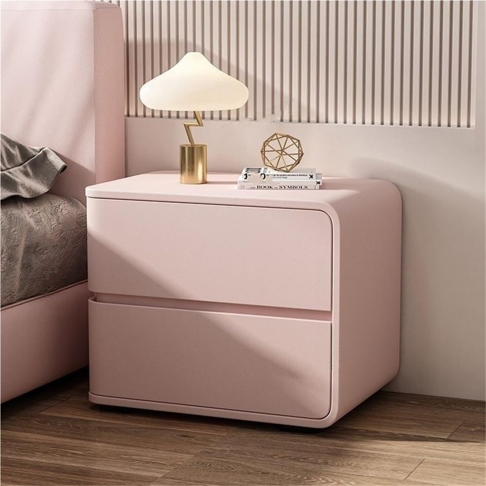 Modern with 2 Drawers, Leather Bedside Table, Solid Wood Frame, Curved Profile Design End Living Room Bedroom Storage Cabinet(Pink-B,19.7x15.7x18.9in)