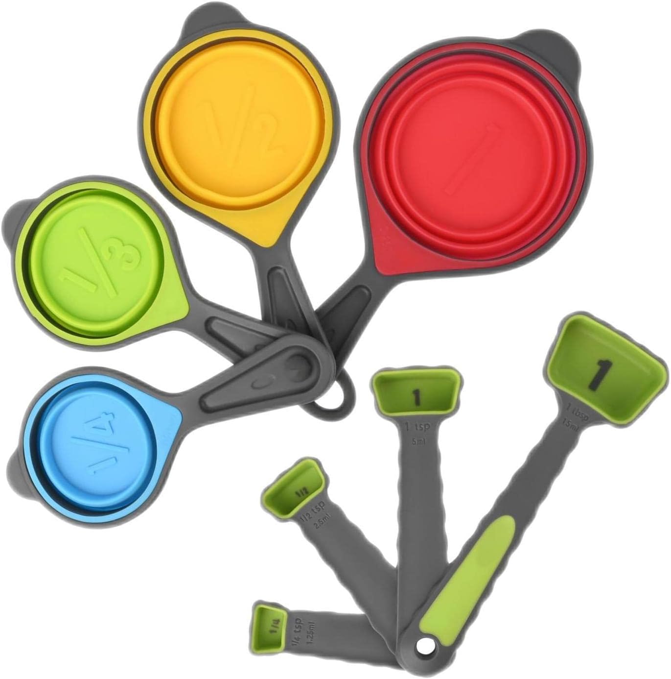 Collapsible Measuring Cups and Spoons Set, Silicone Measuring Cups Spoons, 4 Silicone Measuring Cups and 4 Measuring Spoons, Engraved Metric US Markings Measurer Cups Spoons Green