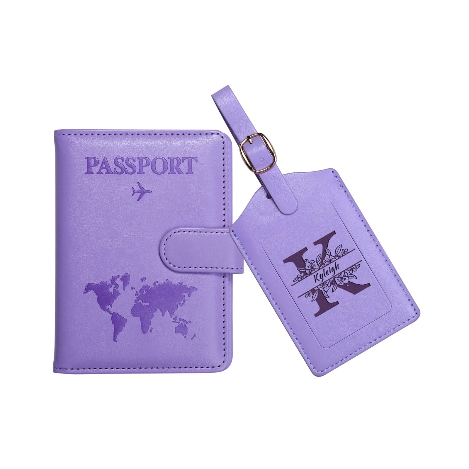 Personalized Passport Cover Holder and Luggage Tag Set, PU Leather Passport Holder for Travel and Name Initial Custom Luggage Tags (Lilac)