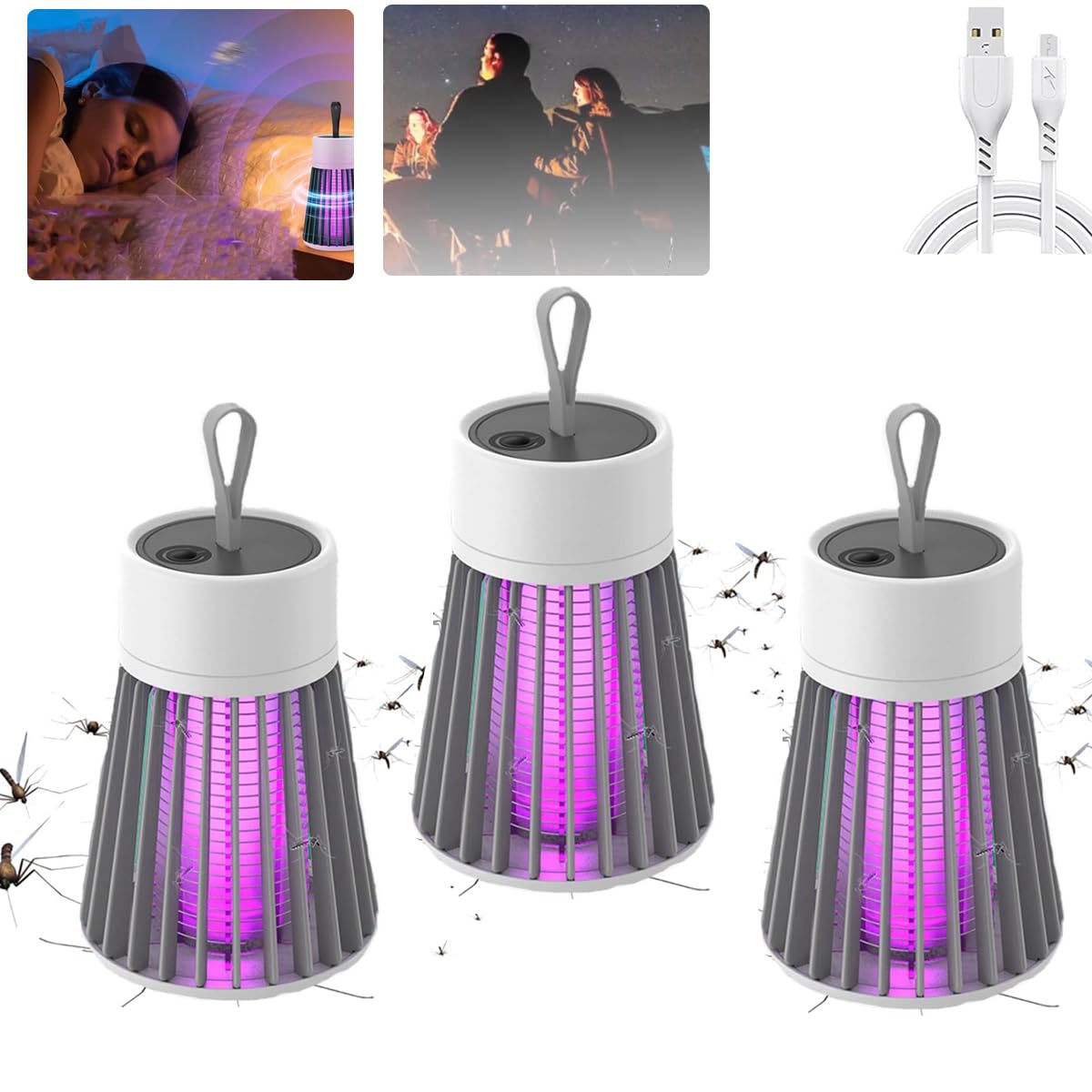 2026 Mozguard Mückenlampe, Upgrade Mozz Guard Zapper, Tragbarer Mückenvernichter mit USB-Aufladung, 2-in-1 Mückenvernichtungslampe für Zuhause, Camping und Garten (Grau-3PCS)