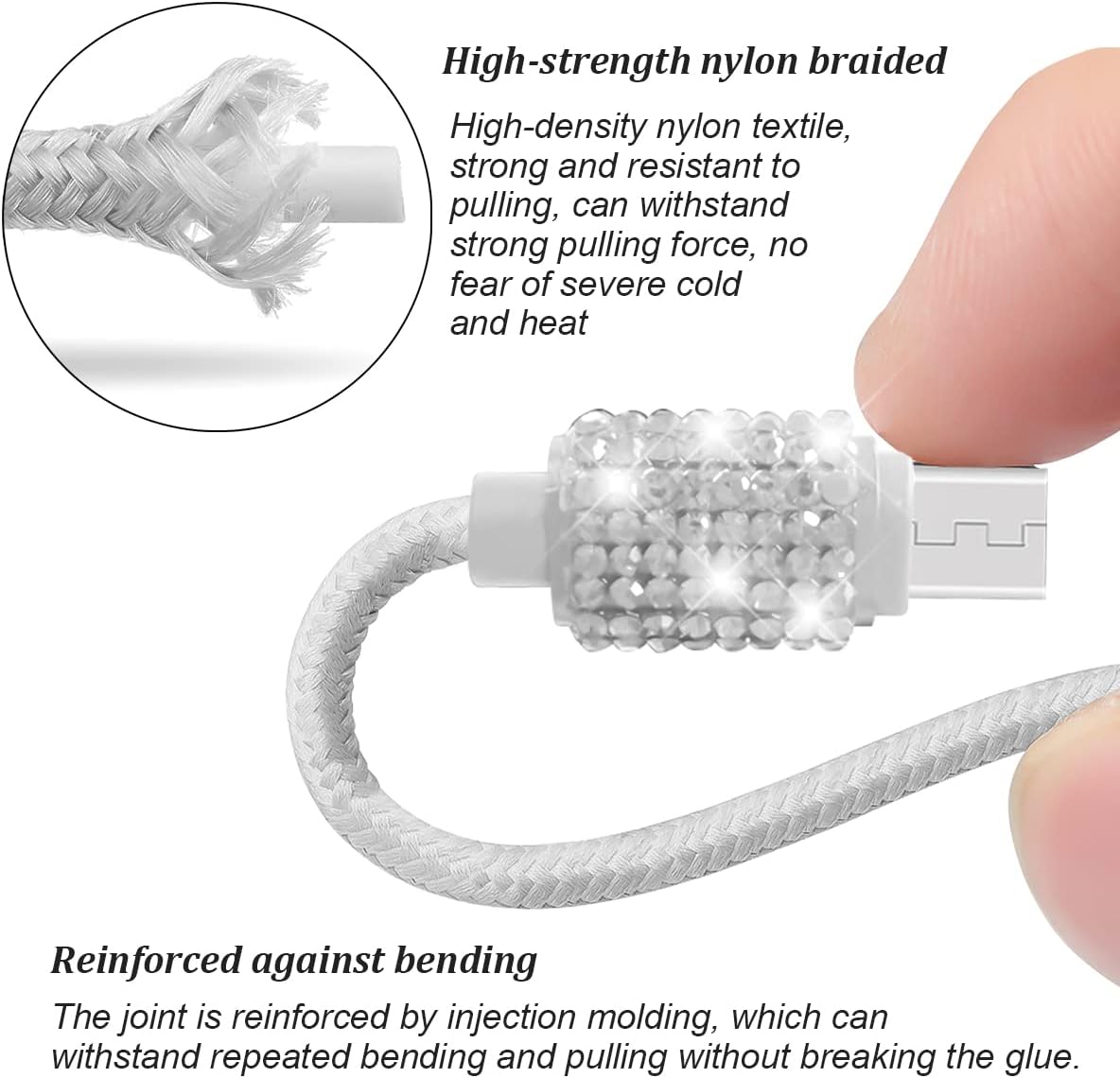 Bling Dual USB Car Charger with 3-in-1 Multi Fast Charging Cable, Dual Port Charger Adapter with Type C Micro USB Cord for iPhone, Android, Rhinestones Car Interior Accessories for Women(White) - Image 3