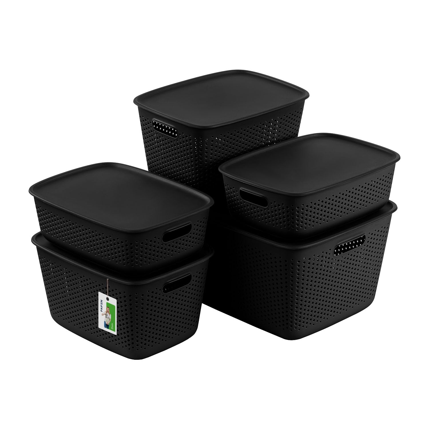 Aufbewahrungsbox 5er Set Deko-Box - 1x 45 Liter, 2x 10 Liter, 2x 17 Liter - Aufbewahrungskorb Behälter aus Kunststoff BPA Free Körbe zur Aufbewahrung Vorratsbehälter Luftzirkulationssystem, Schwarz
