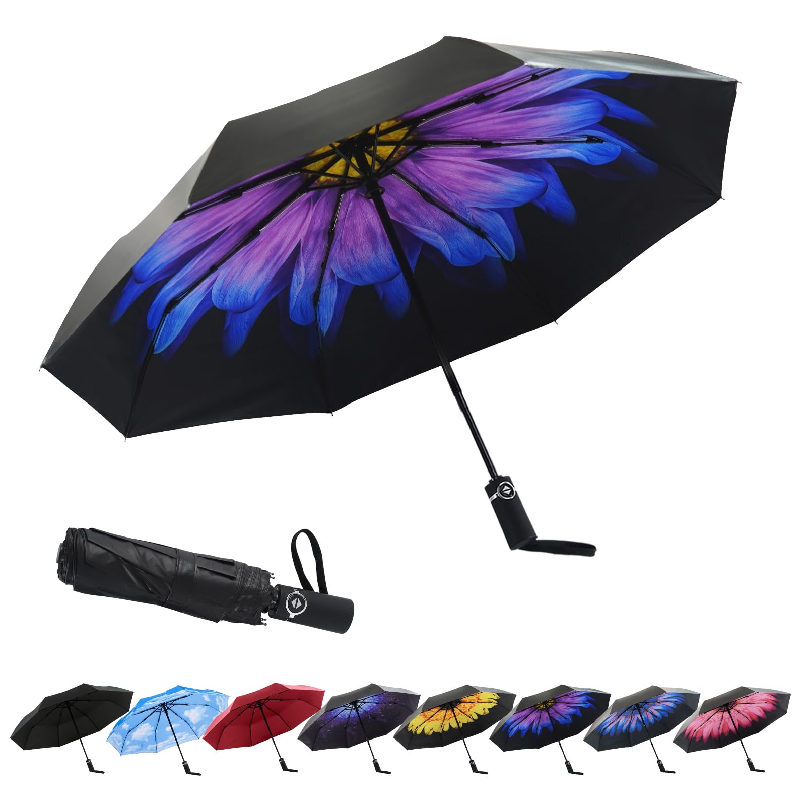 SY COMPACT Automatic Windproof Umbrellas Travel Strong Umbrella for Rain and Sun Protection Small Umbrella UV Blocking for Women and Men (Purple Flower)