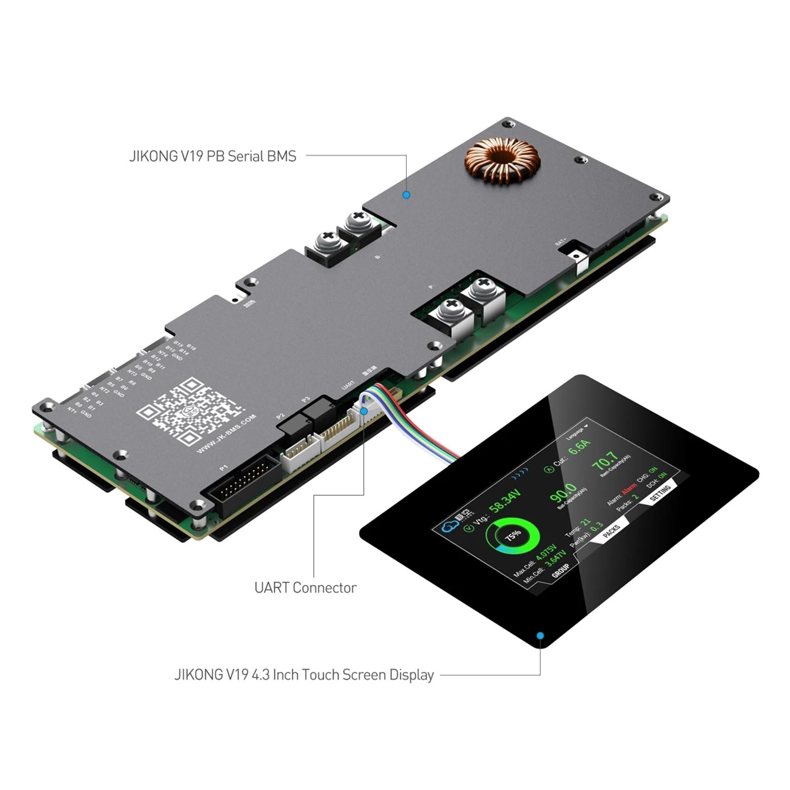 JK V19 Version 4.3inch Touch Screen Display for PB Series, BMS TTL-P Display Support Cells Pack Check/Set Up