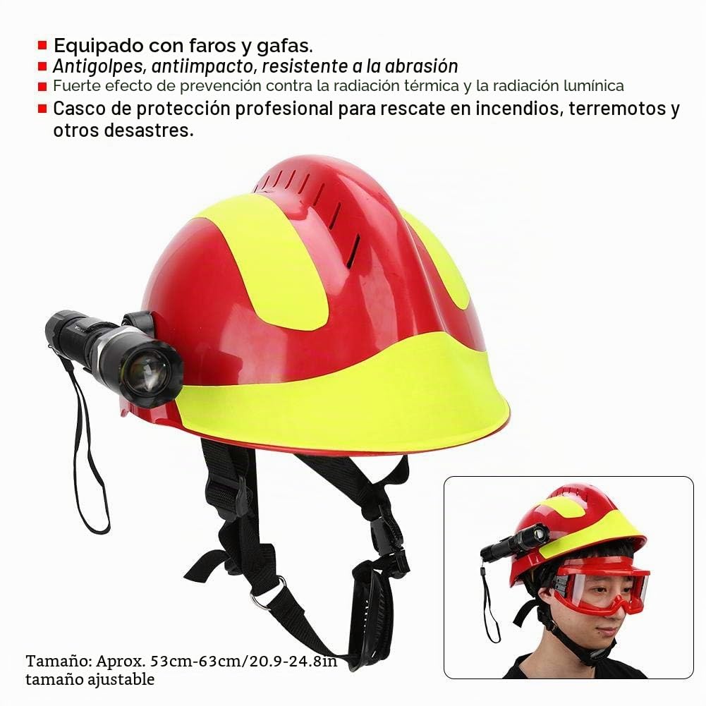 Casco de protección, Casco de Seguridad para Rescate Profesional, Casco antiincendio, antigolpes, Casco con Linterna Frontal y Gafas (Rojo)
