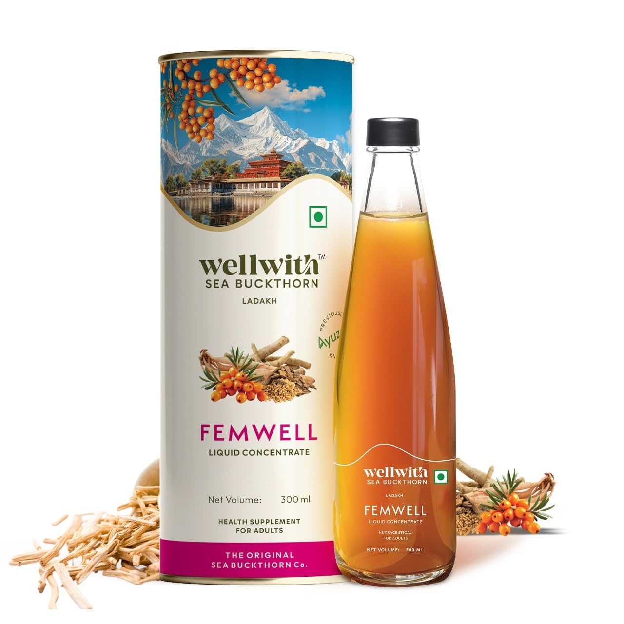 Wellwith by Ayuzera Sea Buckthorn Femwin (Femwell) 300 Ml|Ayurvedic Liquid Thyroid Supplement For Women|Lactation Supplement With Shatavari|Antioxidants,Vitamins,And Minerals|Essential Amino Acids