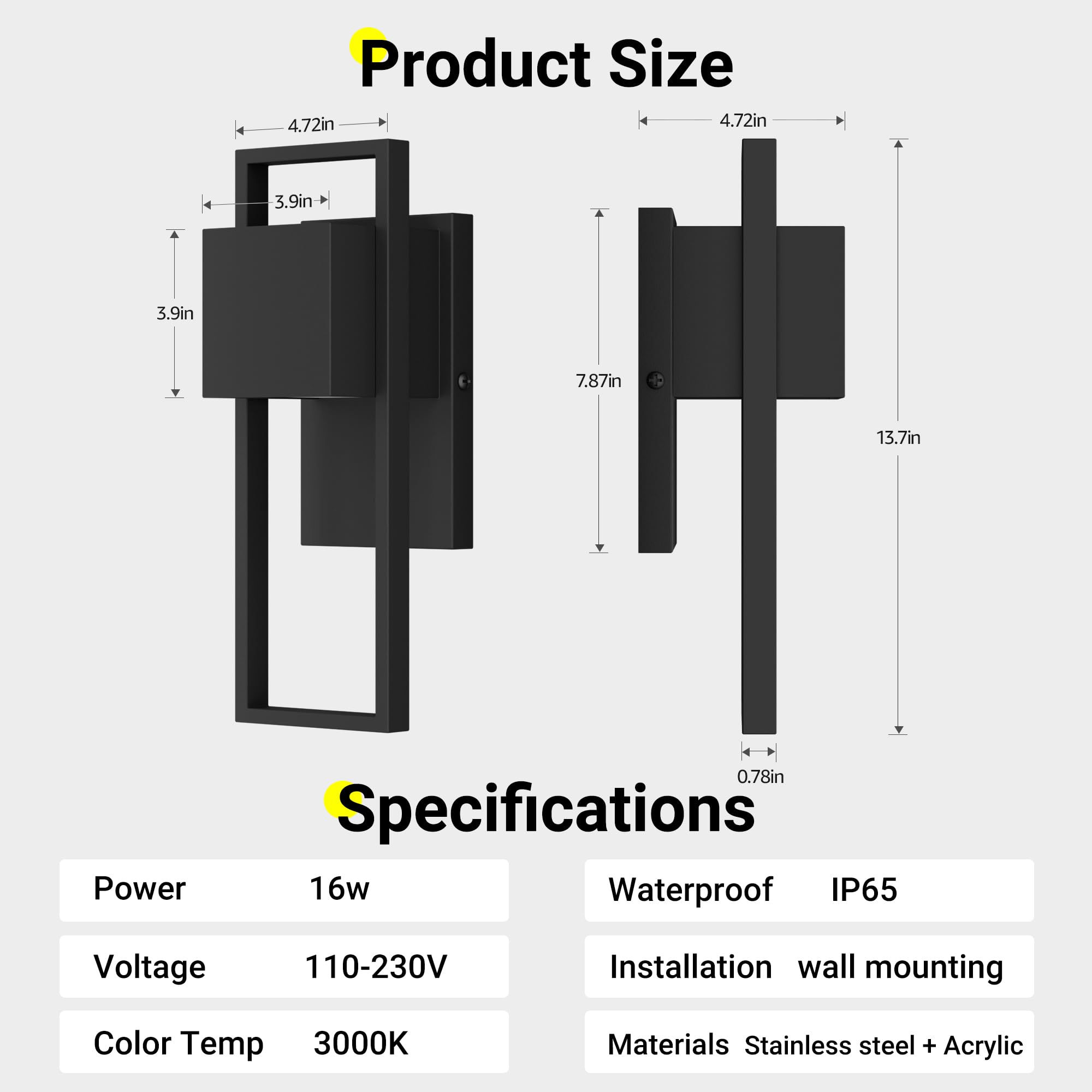 Aipsun LED Außenwandleuchte 16W,2 Stück Außenlampe Außenleuchte 3000K Warmweiß IP65 Wasserdicht | Edelstahl-Wandleuchte für Innen/Außen, Balkon, Garten, Garage & Korridor | Schwarz