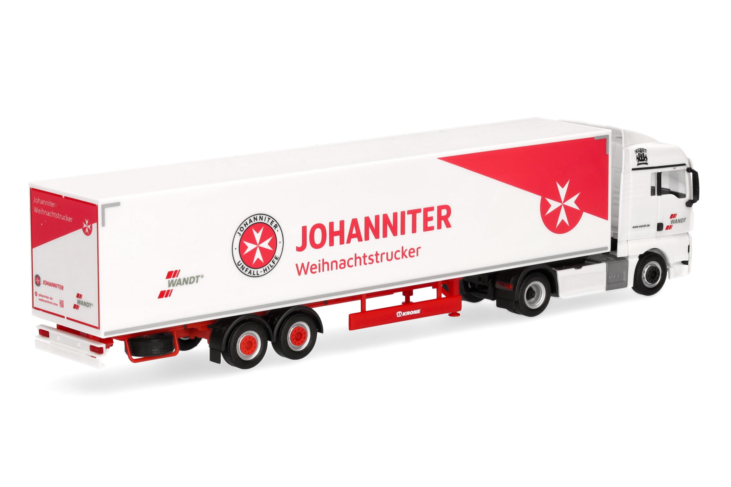 herpa Modellino Camion MAN TGX XLX Euro6c autocarro con rimorchio a cassone Wandt/Johanniter Weihnachtstruck, Miniatura in scala 1:87, pezzo da collezione, Made in Germany, plastica