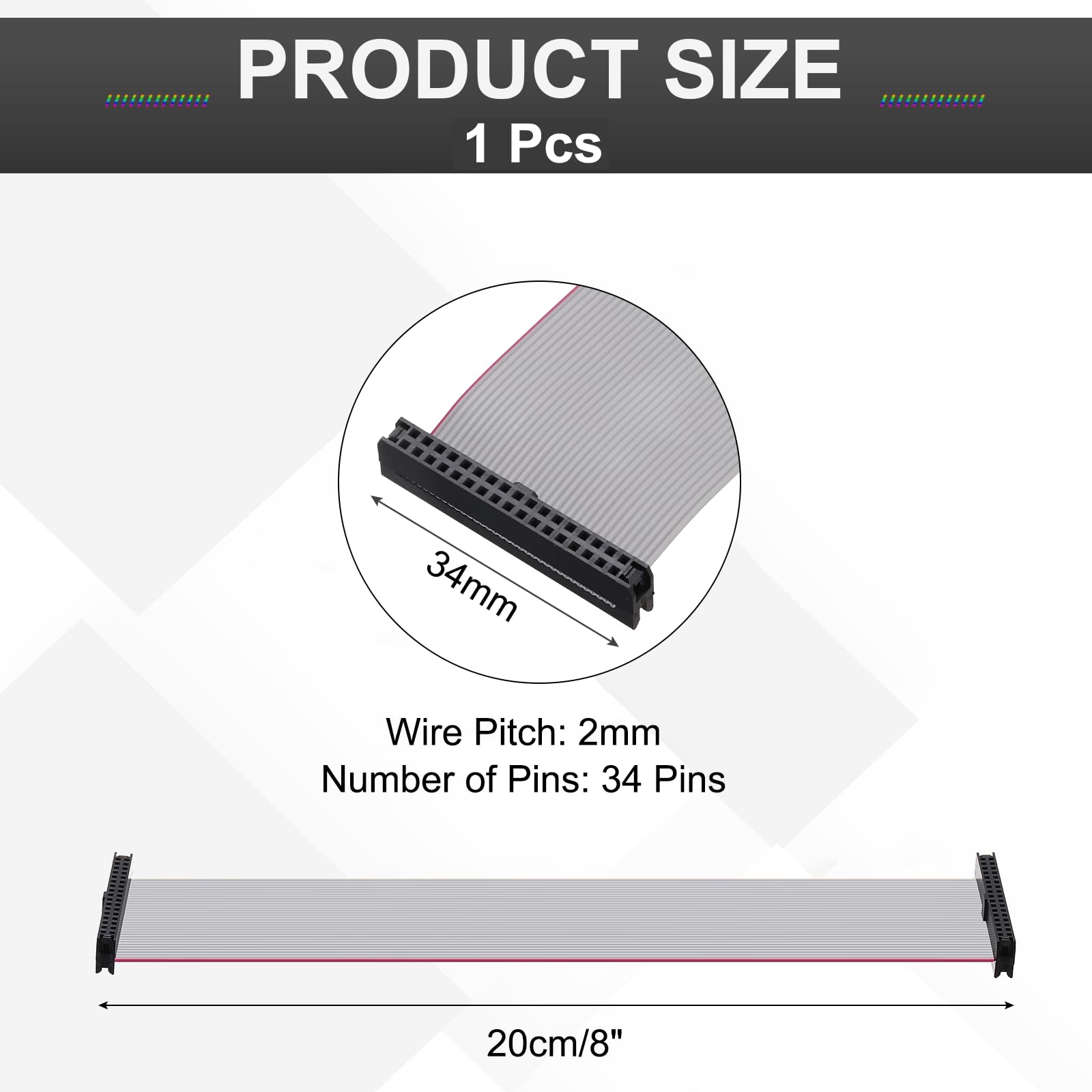 sourcing map IDC - Cavo piatto a nastro, 34 pin, passo 2 mm, lunghezza 20 cm, da FC a FC doppio femmina, cavo piatto per elettronica industriale, grigio