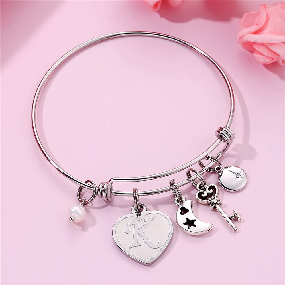 M MOOHAM Initial Charm Bracelets for Women Gifts - Engraved 26 Letters Initial Charms Bracelet Stainless Steel Bangle Bracelet Birthday Christmas Jewelry Gift for Women Teen Girls - Image 3
