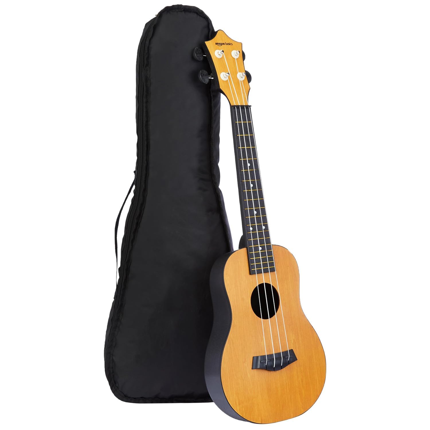 Amazon Basics Concert Size Ukulele Kit, Nylon Strings for warm, mellow and bright tones | Basswood Body | ABS back | Matte Finish, with Bag, Picks, Strap - Natural Brown