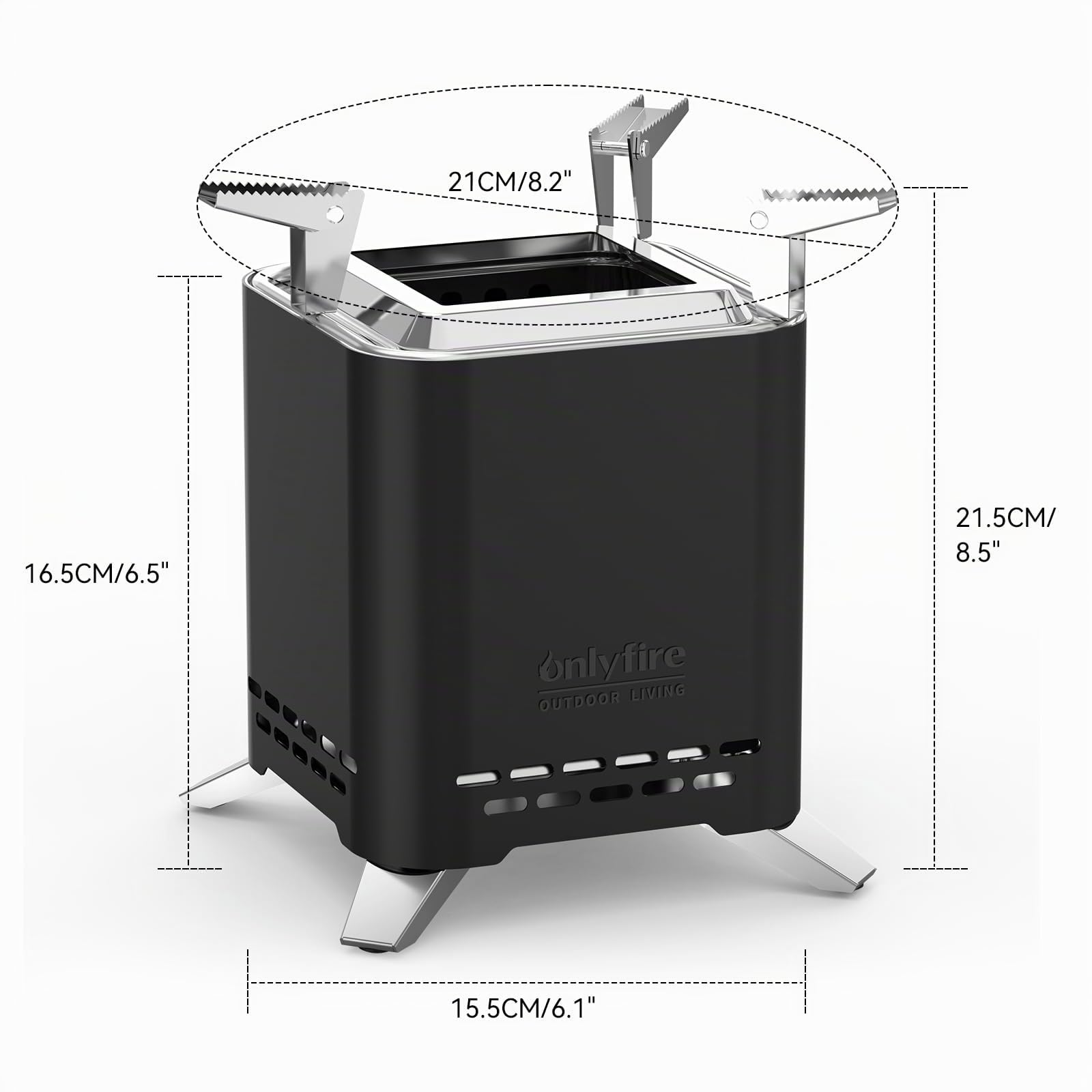 Onlyfire 16,5 cm Cuadrado Brasero sin Humos de Mesa, Mini Brasero Portátil con Soporte para Macetas y Bolsa de Transporte, para Acampar Al Aire Libre Tailgating Patio Trasero, Acero Inoxidable, Negro