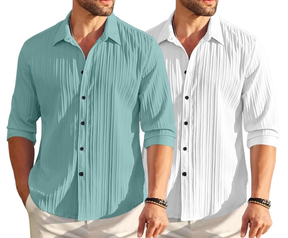 Image of FINIVO FASHION Men's Cotton Blend Shirt Set Lightweight, Full Sleeves, Plain Texture, Button Closure, Summer Ready (Pack of 2)