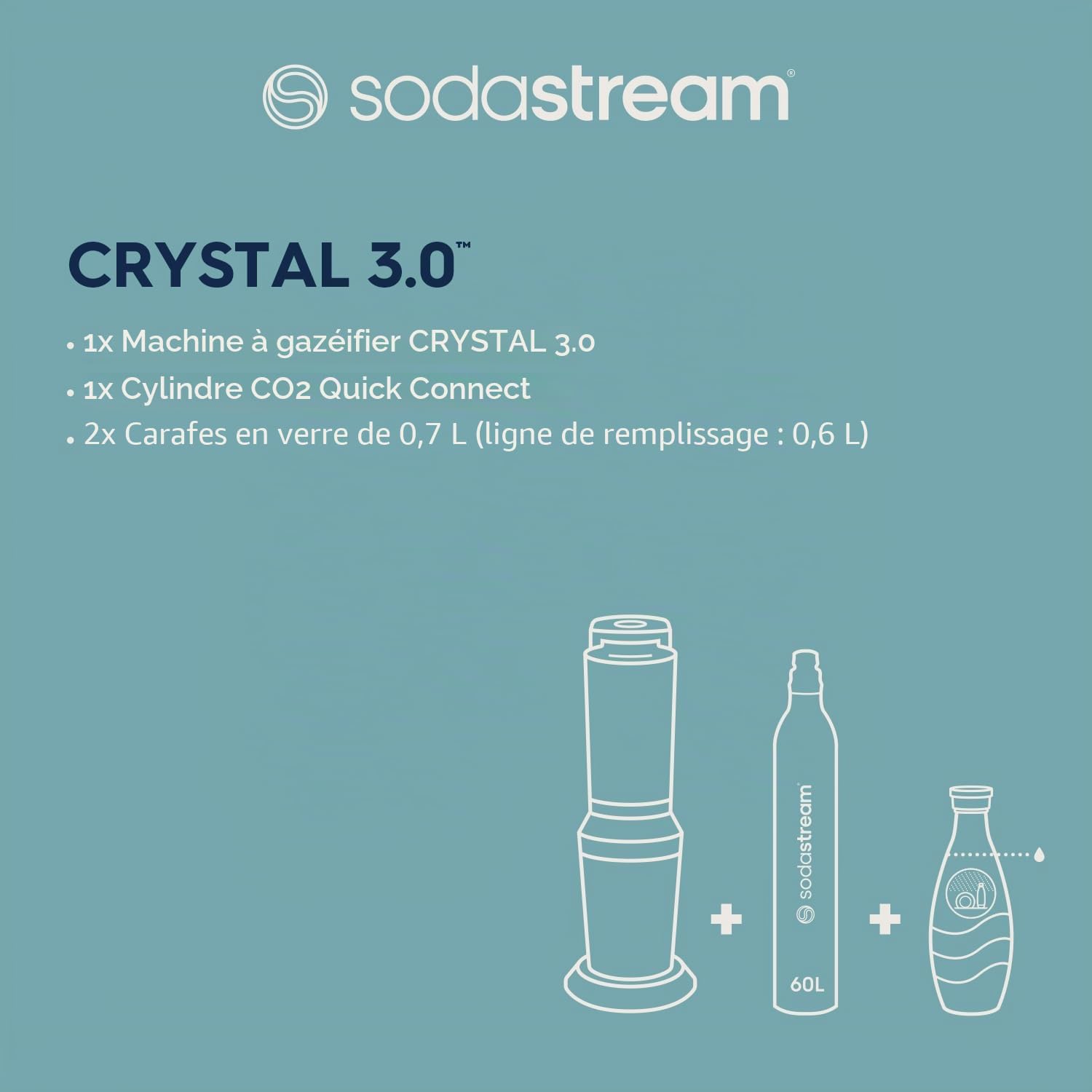 Sodastream Crystal – Machine à eau pétillante avec système CO₂ Quick Connect, cylindre de gaz 60L et 2 carafes en verre 0,7L inclus, noire