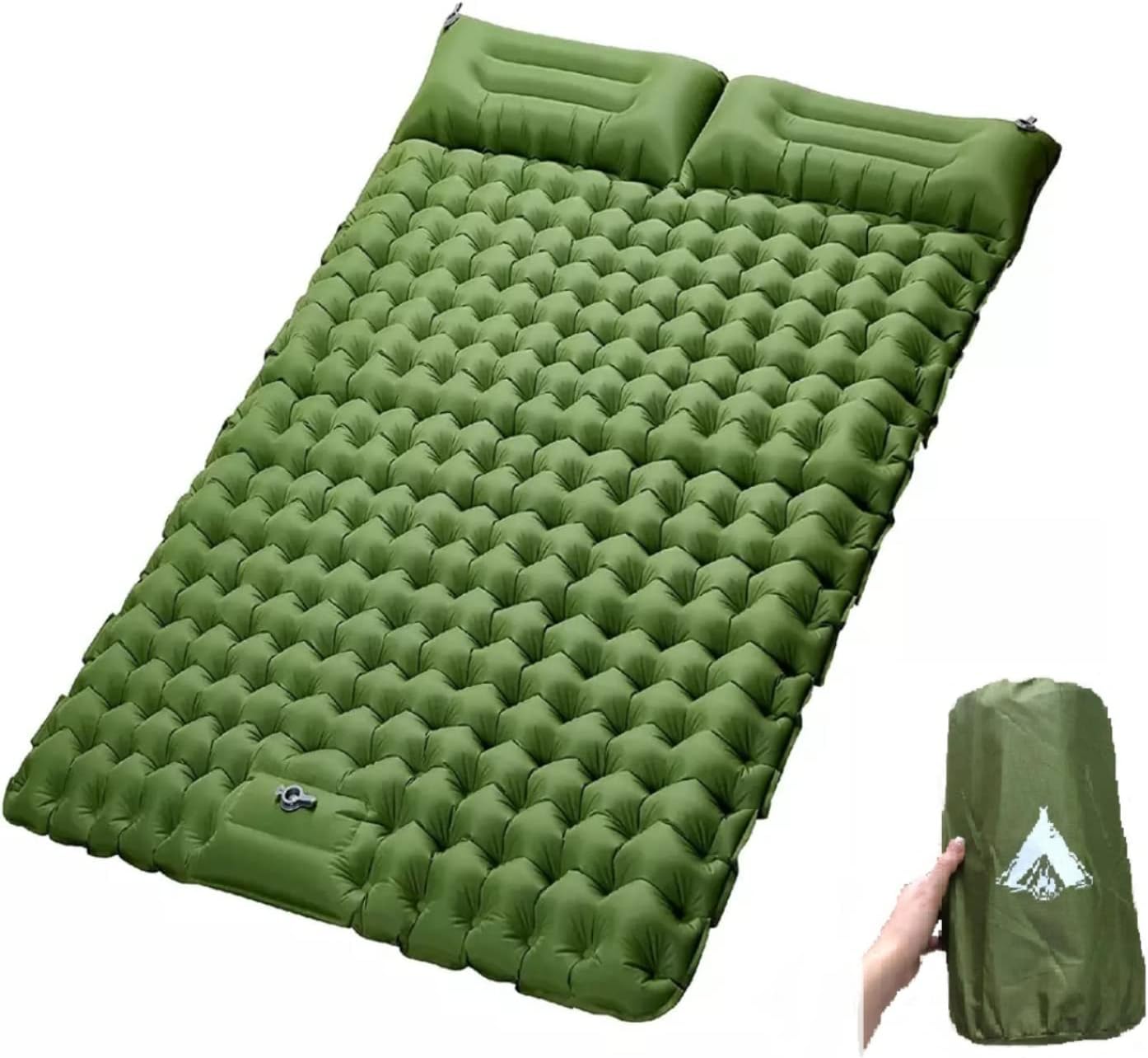 soy de la S Double Sleeping pad for Camping, self Inflating, mat 2 Person with Pillow, Built-in Foot Pump, Ultralight Waterproof Compact, Bed, Mattress, Travel, Tent, Beach, Hiking, Green Army, Full : Sports & Outdoors