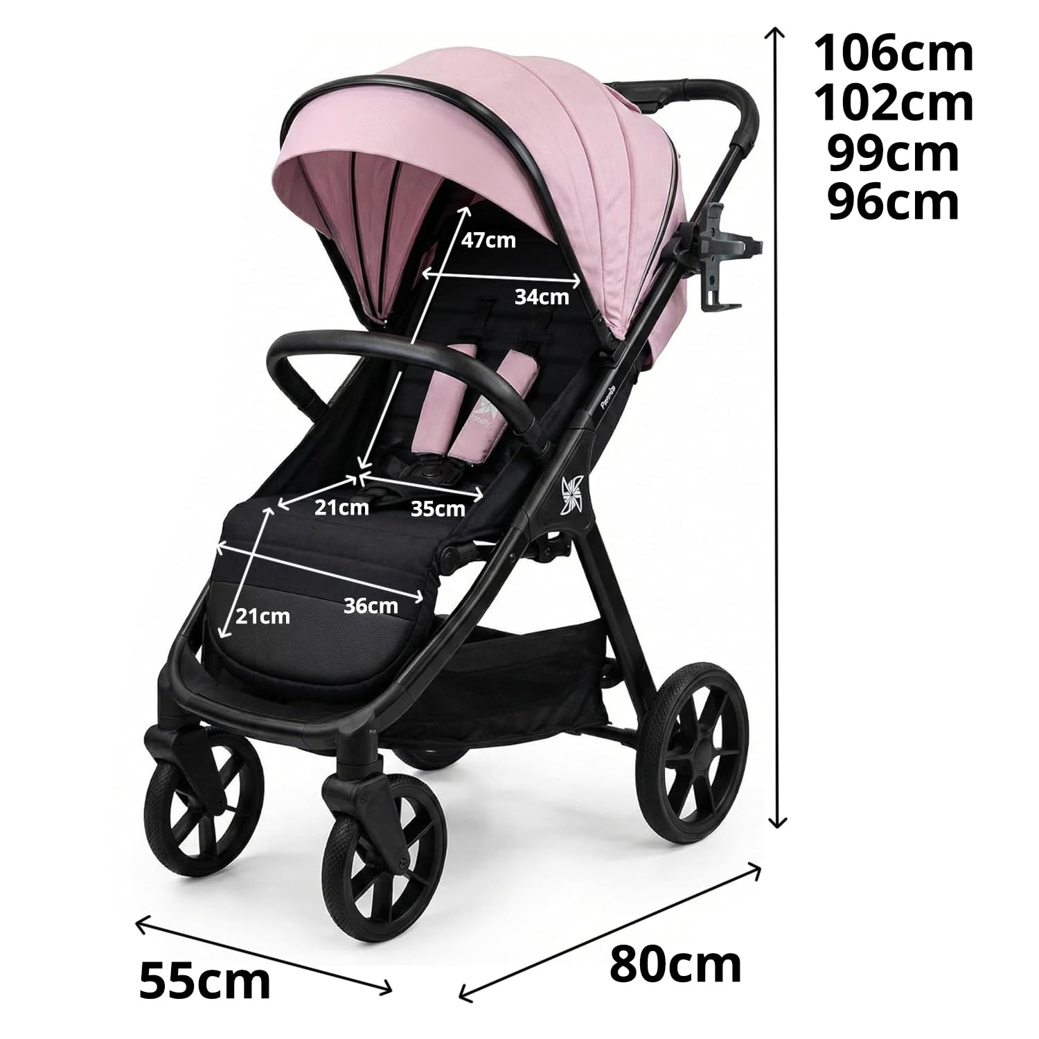 Twinly - Spacely - Silla de Paseo Ligera hasta 22kg | Carro Bebé Robusto con Ruedas Grandes Todoterreno, Respaldo Alto y Capota XXL | Cochecito con Plástico de Lluvia y Posavasos (Rosa)