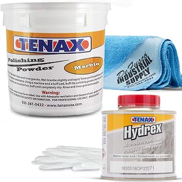 Tenax Marble Polishing Powder 1 kg Tub - Tenax Hydrex 1/4 Liter - 16x16 Microfiber Cloth - Gloves - BUNDLE - 4 Items