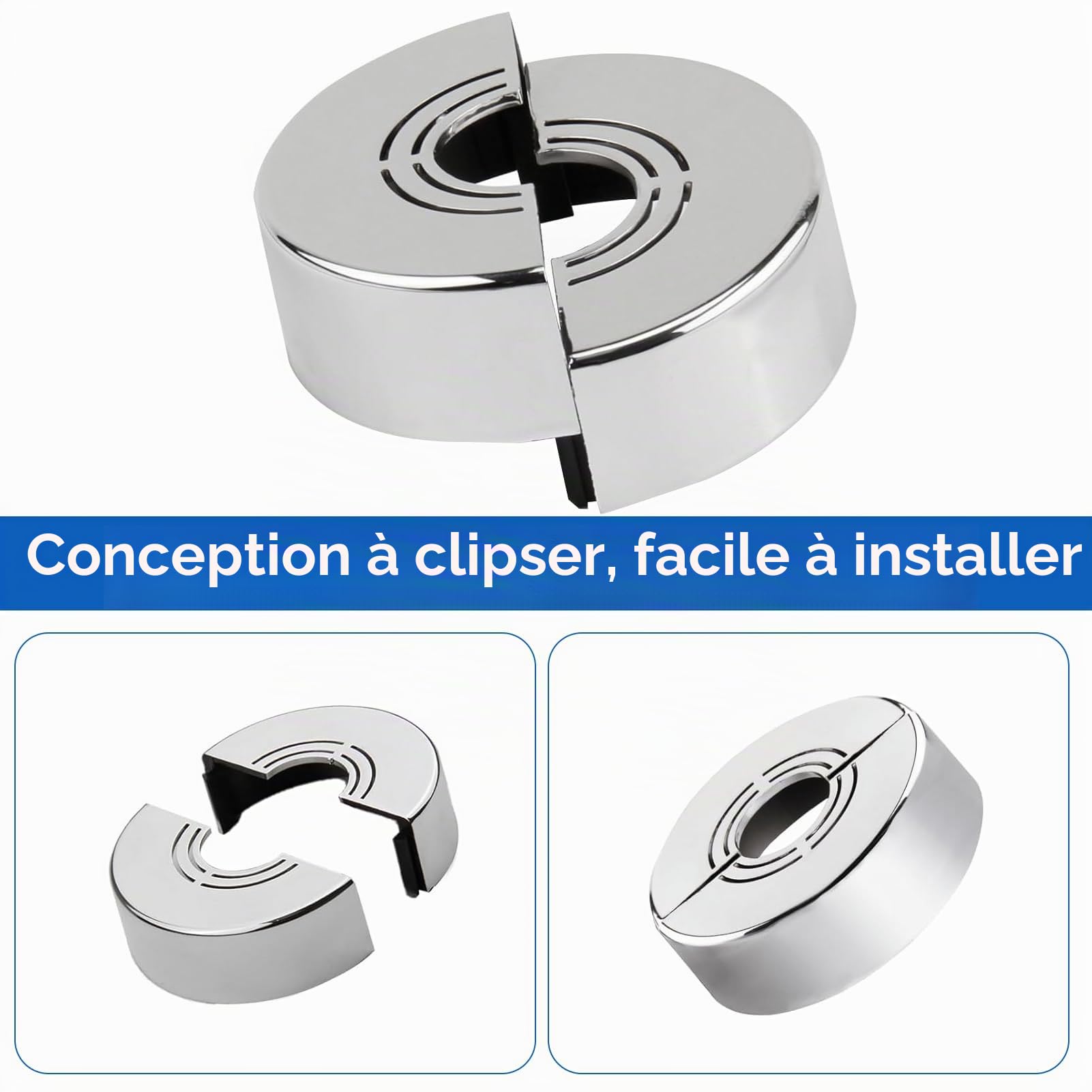 Lot de 4 Rosace Mitigeur Douche 3 Tailles en 1, Cache Tuyau Ø20/Ø25/Ø33 mm, Rosace Robinet Divisée pour Raccords de Plomberie, Accessoire Pratique pour Salle de Bain et Cuisine