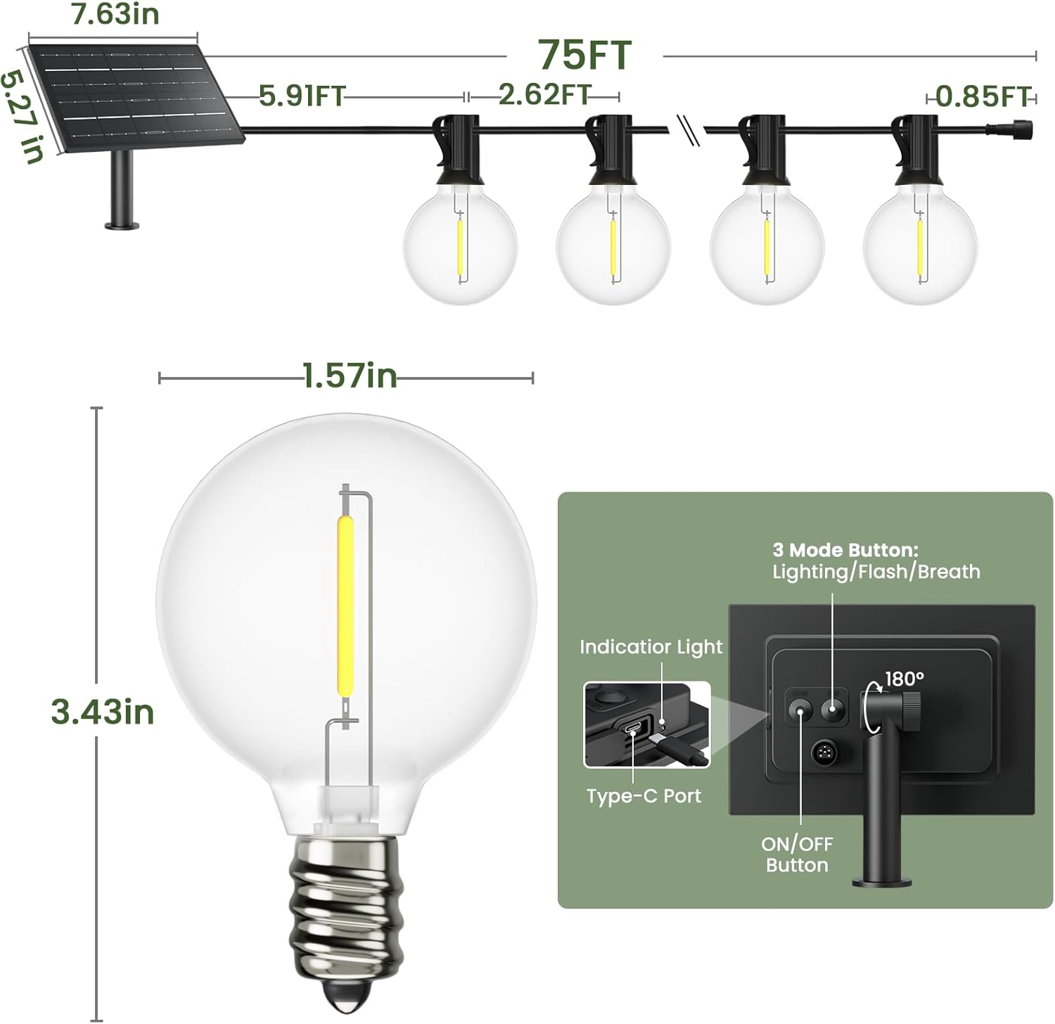 Svater Solar Outdoor String Lights 75 FT, G40 Patio Lights Shatterproof Dimmable Vintage Edison Bulbs, Solar Powered Weatherproof Light for Patio, Backyard, Garden, Bistro, Warm White