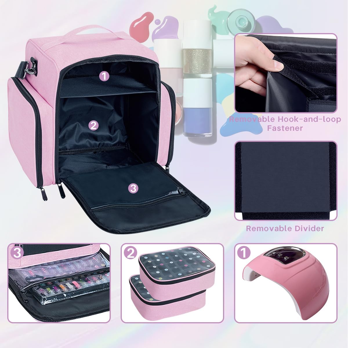 Nail Polish Organizer Holds 60 Bottles and a Nail Lamp,Portable Travel Case with 2 Removable Bags and Tools Storage Pockets Pink