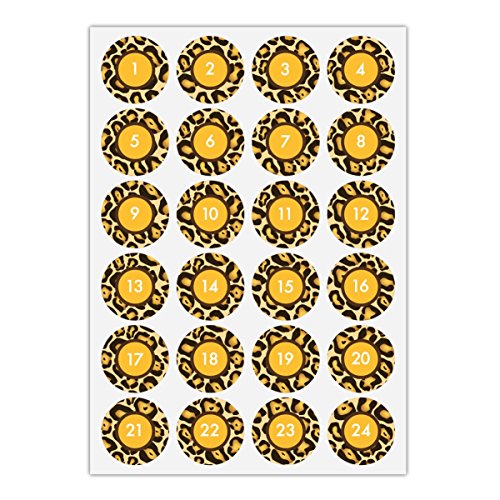 24 beaux autocollants pour les numéros 1-24 avec cadre graphique en optique de fourrure d'animaux Jaguar, autocollants jaunes, en papier mat pour calendriers de l'Avent, cadeaux de Noël (ø 45mm)