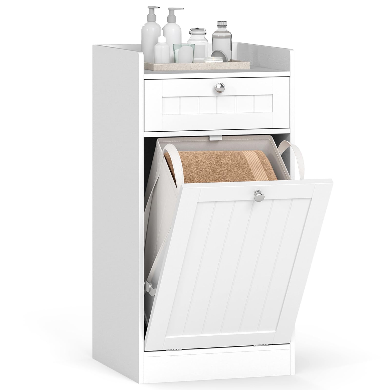 COSTWAY Kippbarer Wäscheschrank, freistehender Badezimmerschrank mit Regal, Schublade & abnehmbarem Wäschesack, moderner Badschrank mit Griffen für Badezimmer, Weiß (40,5 x 40 x 80 cm)