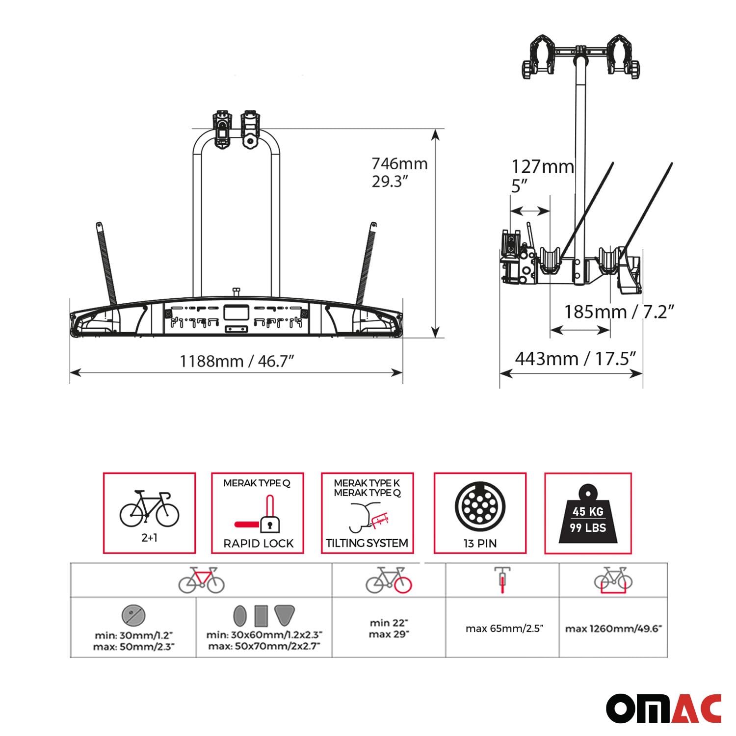 MENABO Portabici Merak Q Gancio Traino Portatutto Posteriore 2 Bici | Portatutto Posteriore Bici Pieghevole Rimovibile Leggero Accessori Cavalletto Bici Alluminio Nero Argento ABE