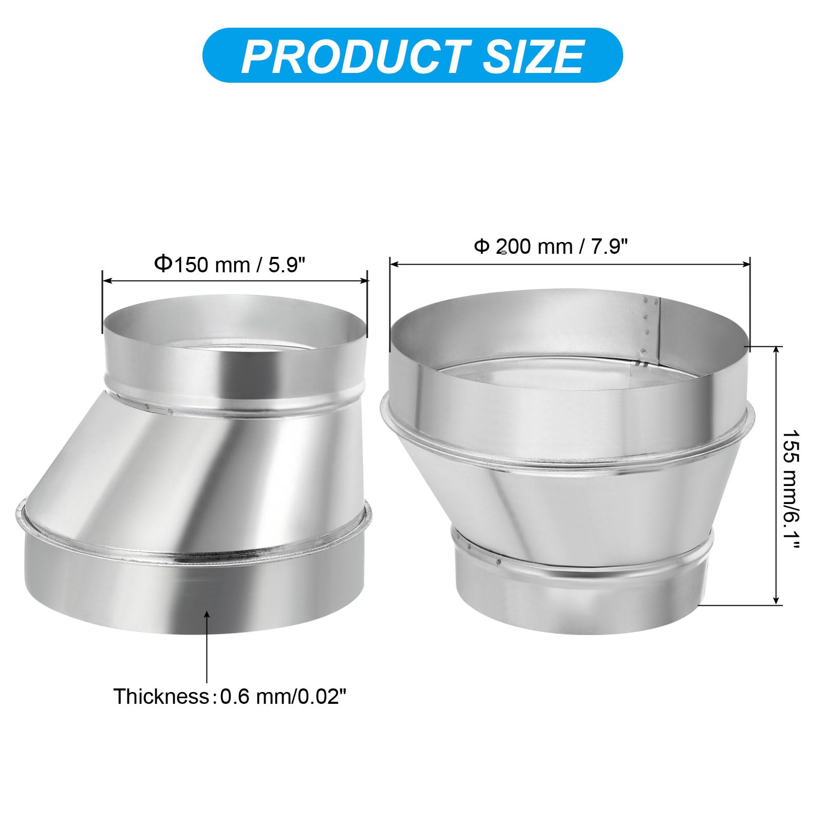 PATIKIL 8" a 6" Excéntrico Conducto Reductor 1uds Galvanizado Hierro Conducto Conector Redondo Aire Conducto Adaptador Tubería Accesorio para Ventilación En Línea Baño Cocina
