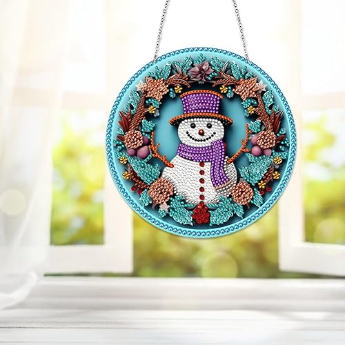 Miniatura 8 de LUSandy Kit de pintura de diamante de muñeco de nieve 5D DIY, letrero de arte de pared, muñeco de nieve, arte de diamante, atrapasoles, adorno