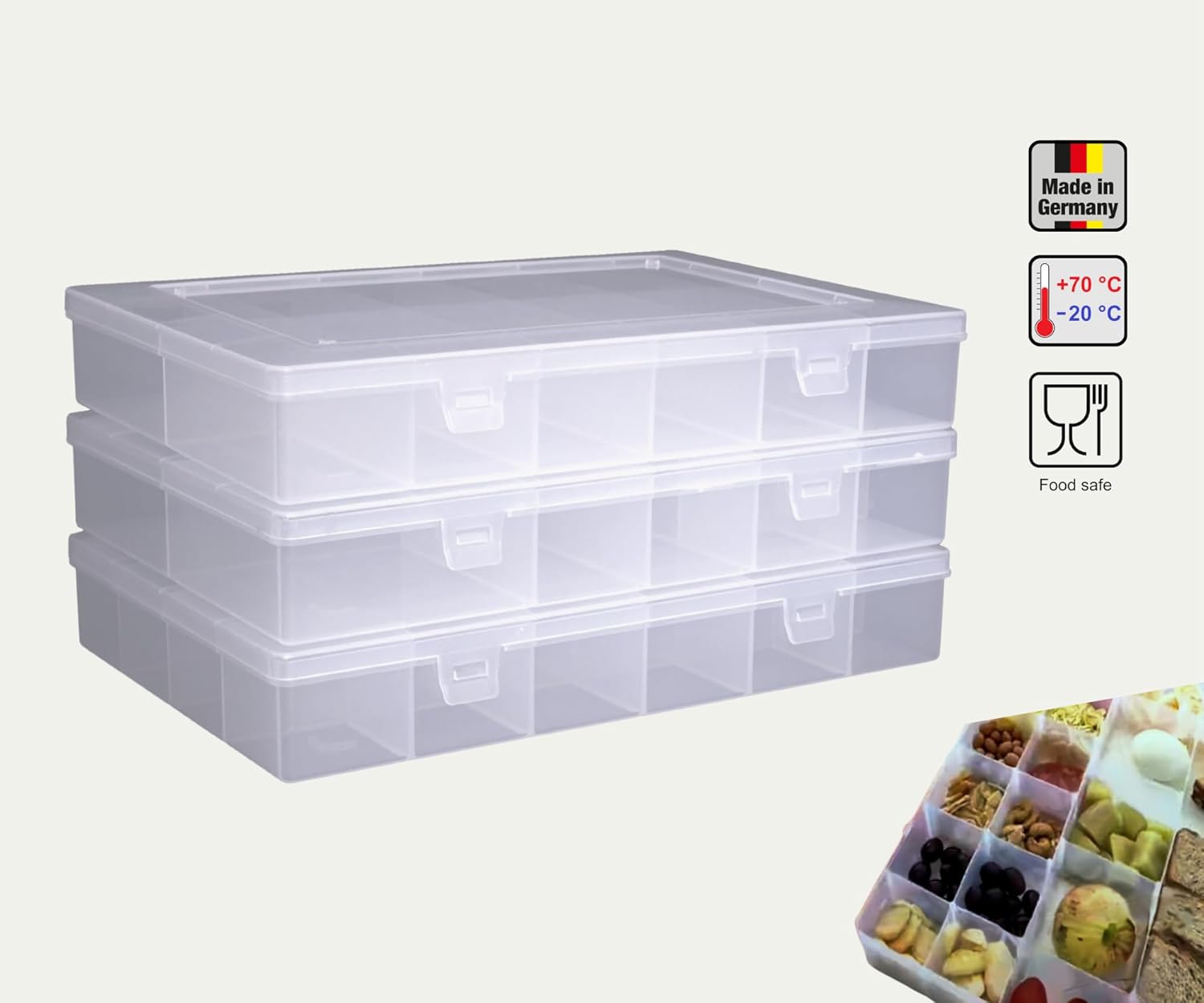 hünersdorff Assortment box: sturdy sorting box (PP-ECO) with fixed compartment division (24 compartments), sorting box dimensions: 233 x 339 x 58 mm, made in Germany.