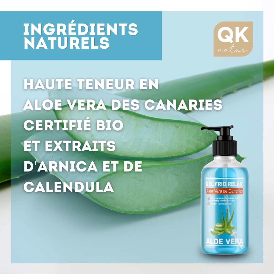 QKnatur - GEL FROID BIO ALOE VERA DE CANARIAS - Aux extraits d'Arnica et de Calendula. Effet rafraîchissant, soulage les jambes fatiguées, stimule la circulation. Hydratation (500 ml)
