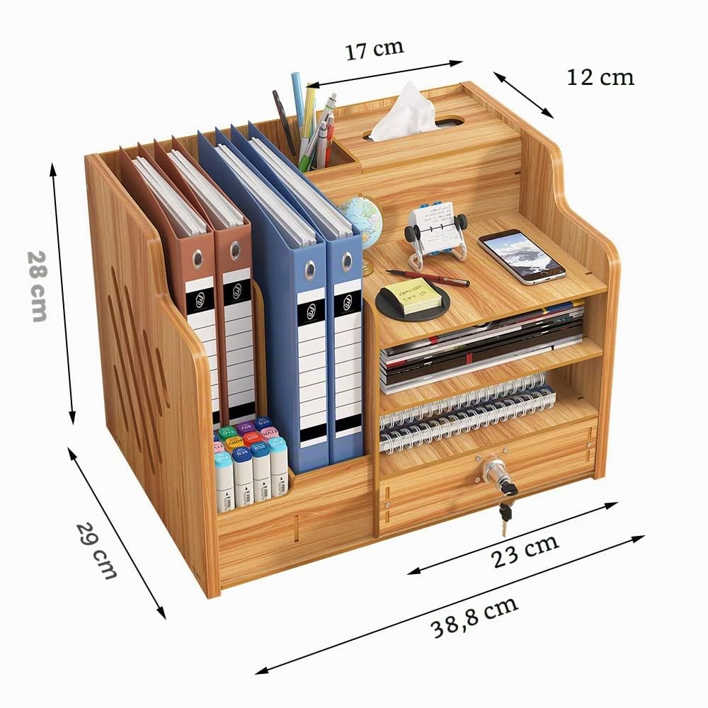 Organiseur en bois avec tiroir, grande capacité, rangement fichiers A4, boîte de rangement pour fournitures maison, bureau, école