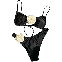 Women's Floral Appliques Cute Bathing Suit High Waisted Colorblock Tie Back Swimsuit Bikini Set