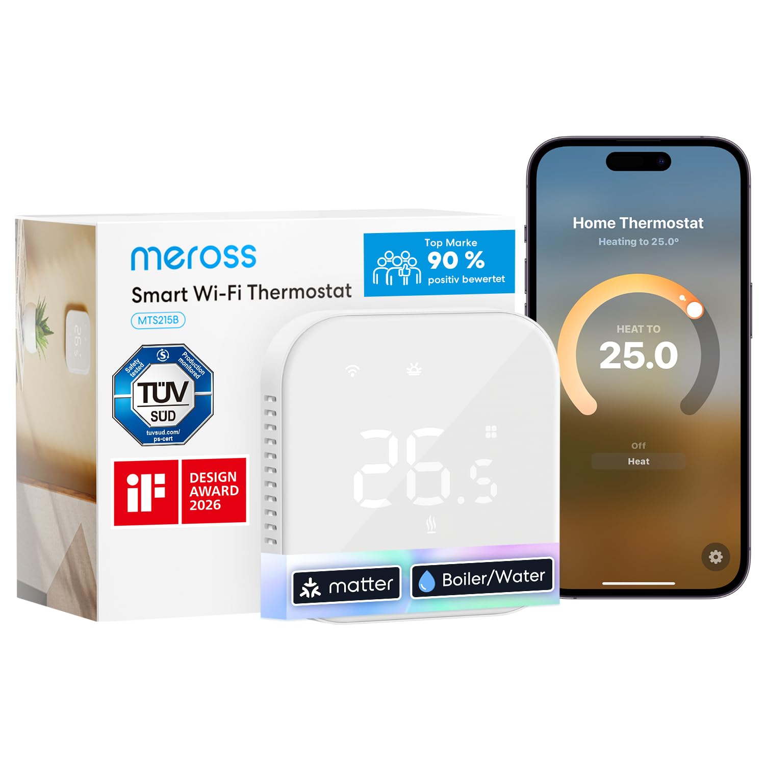 Meross Thermostat Matter Heizungsthermostat Heizung Smart Digital WLAN Raumthermostat für Fußbodenheizung & Boiler, Intelligente Wandthermostat kompatibel mit Alexa, Siri & Google, Home Assistant