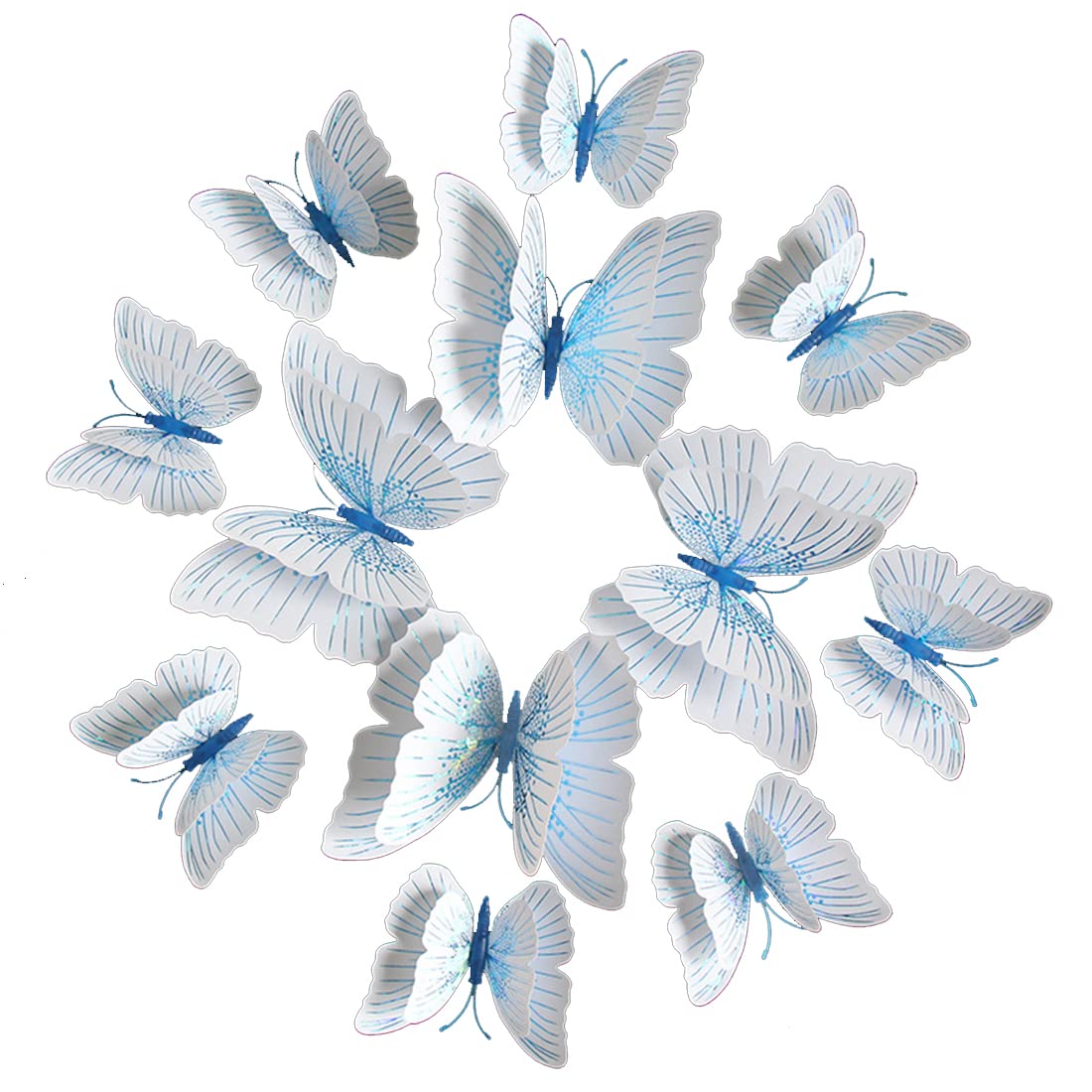 24PCS 3D Butterfly Wall Decals Butterflies Wall Stickers Removable Streamer Blue Double Wing Butterfly Decor for Home Bedroom Kids Room Decor