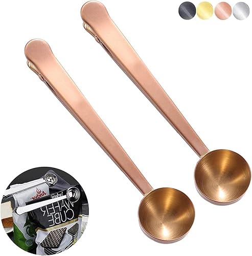Paquete de 2 cucharas de café, cucharas medidoras de acero inoxidable con clip para bolsa de café molido, expreso, granos de café (oro rosa y oro