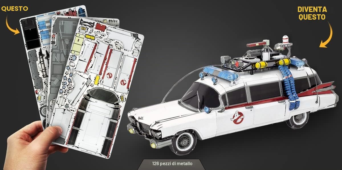Metal Earth Puzzle 3D Auto Ecto-1. Puzzle in metallo di Ghostbusters. Moderato modello di costruzione per adulti livello 16 x 5 x 6 cm