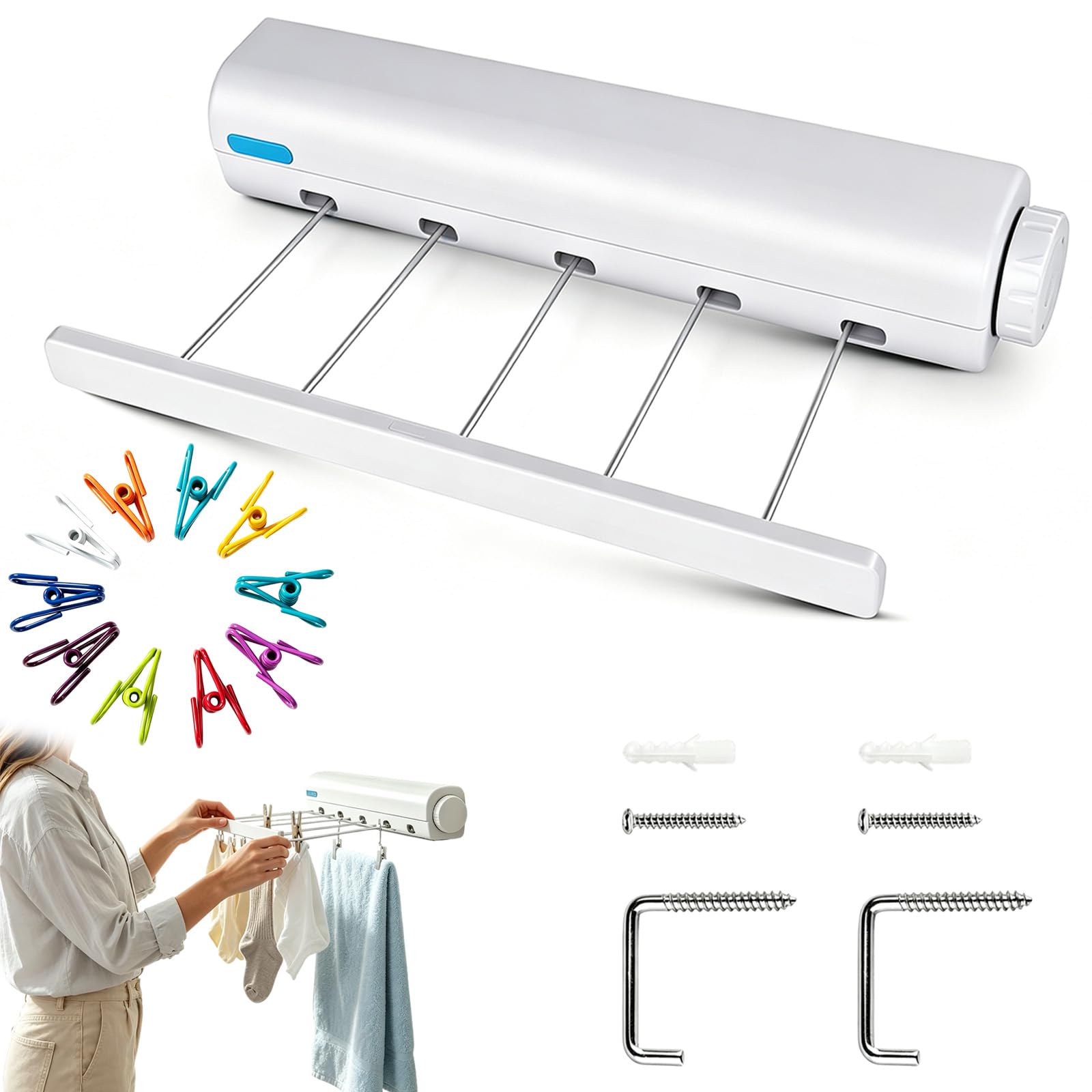 Retractable Multi-Line Clothesline Dryer, Wall Mounted Telescopic Drying Rack Rope Hanger, Indoor Outdoor Wall Mounted 4/5-Line Dryers for Laundry Drying Rack Terraces Balconies (5-Line)