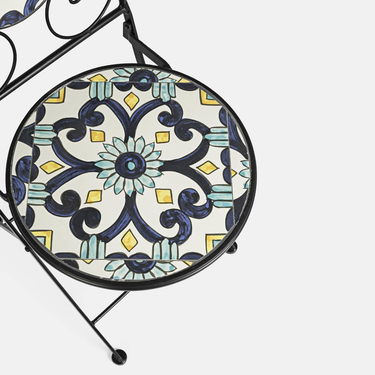 Yellowshop - Set Bistrot Positano da Giardino, Balcone, Veranda, Terrazzo 3 Pezzi, Tavolo e 2 Sedie Pieghevoli in Metallo e Piano in Ceramica Decorata Maiolica