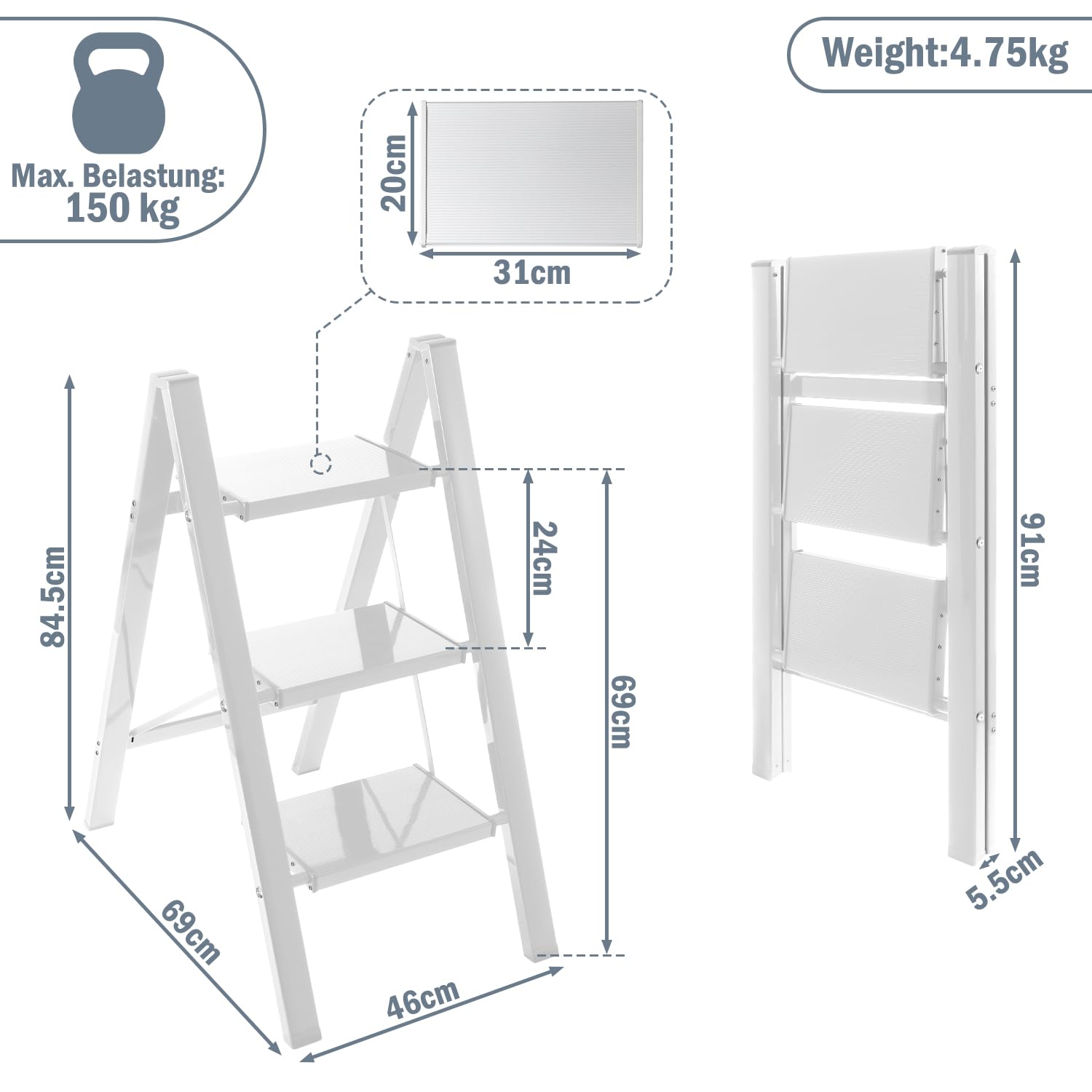 Scala Pieghevole in Alluminio a 3 Gradini, Portatile, Antiscivolo, Bianca, Portata fino a 150 kg