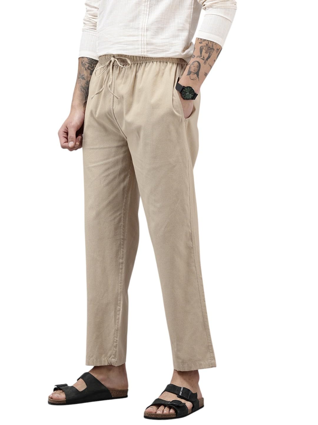 qashida Men's Cotton Blend Solid Trouser Pants with Drawstring Waistband | Elasticated Waist | Relaxed Fit | Casual with Side and Back Pockets, Beige-picture-29