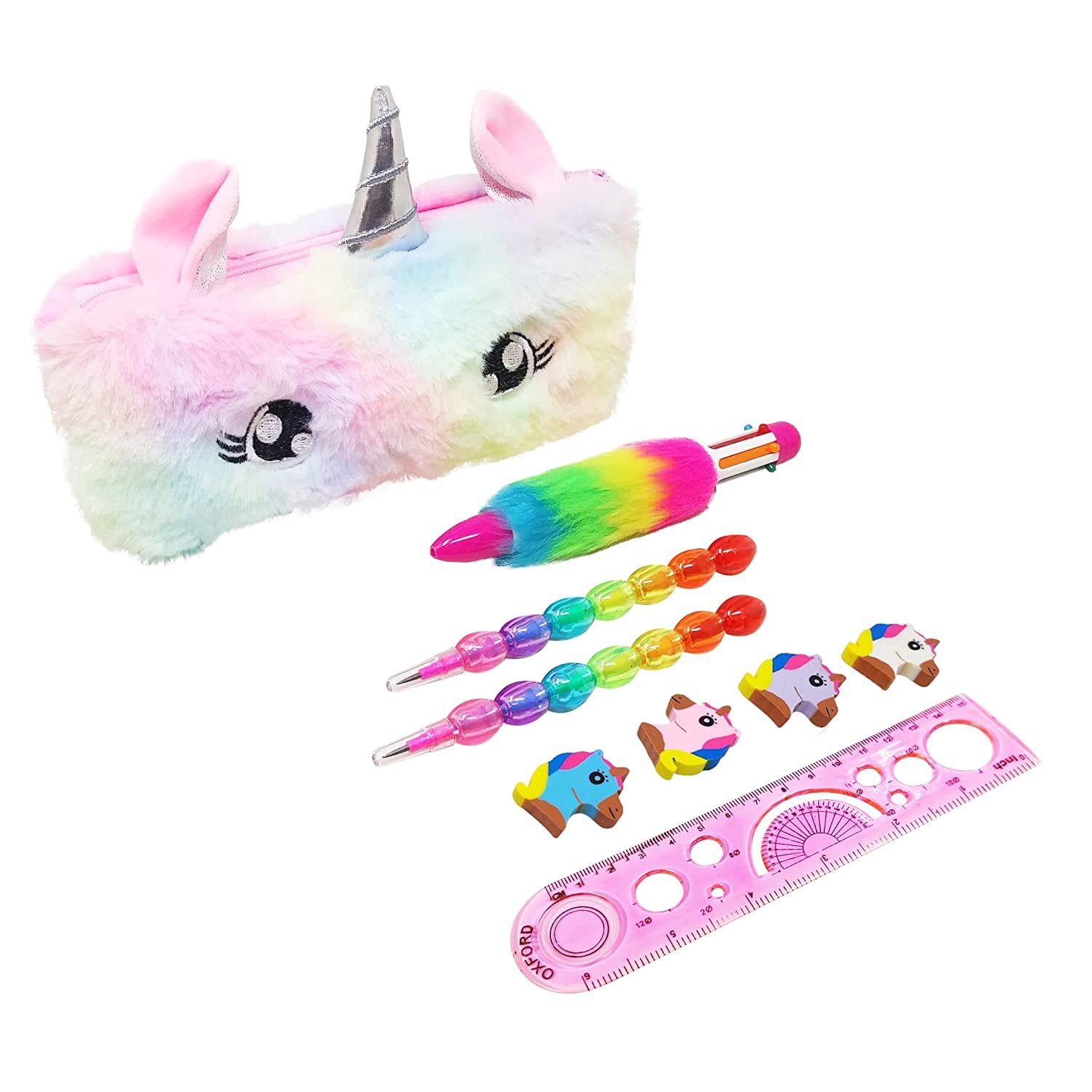 MKY® Unicorn (Combo of 6 Items) 1 Fur Pouch, 1 Fer Pen, 2 Pencils, 1 Scale and 1 Packet Unicorn Eraser for Kids (Multicolor)