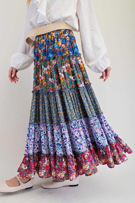 Summer Flowy Ruffle Layered A Line Long Skirts Casual Beach Vacation Resort Wear Floral Boho Tiered Maxi Skirt Women4