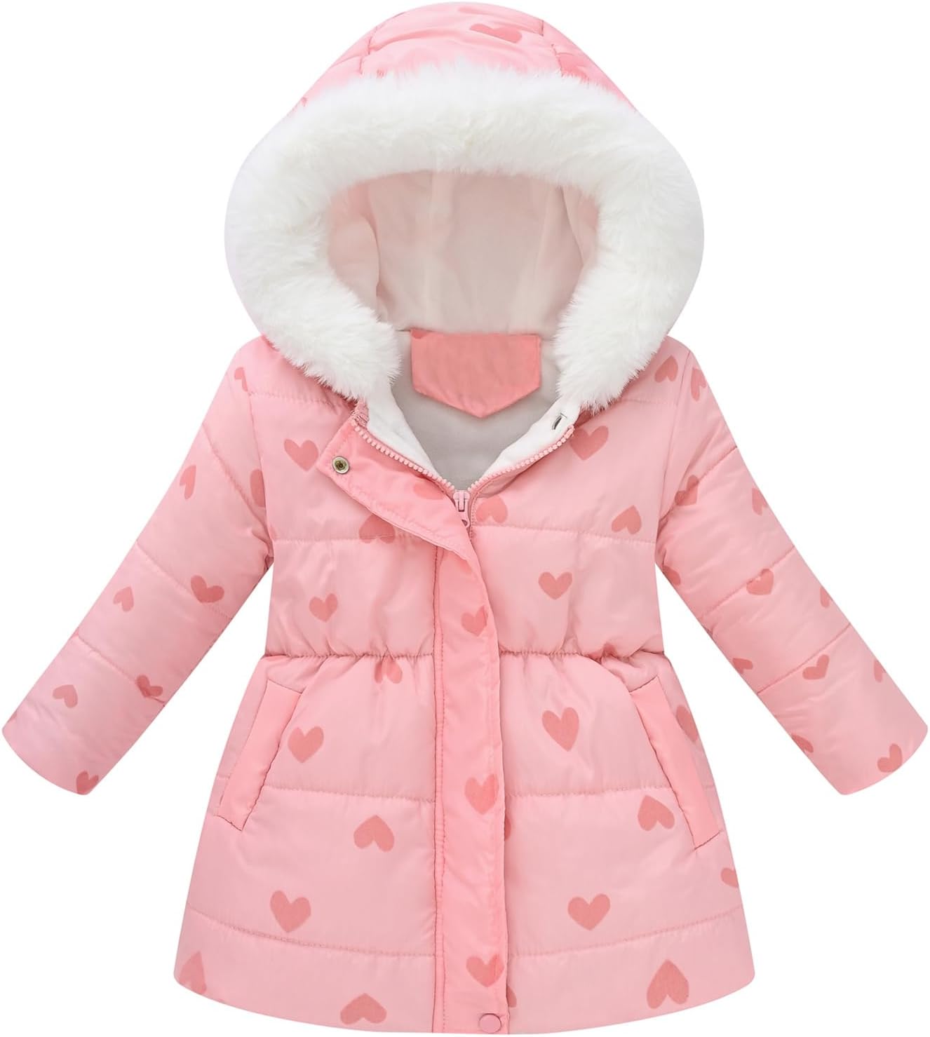 Girl's Winter Coat: Hooded Warm Thick Coats Faux Fur Collar for Toddler Butterfly Heart Stars Flower Print - Long Sleeves Overcoat for Fall Winter
