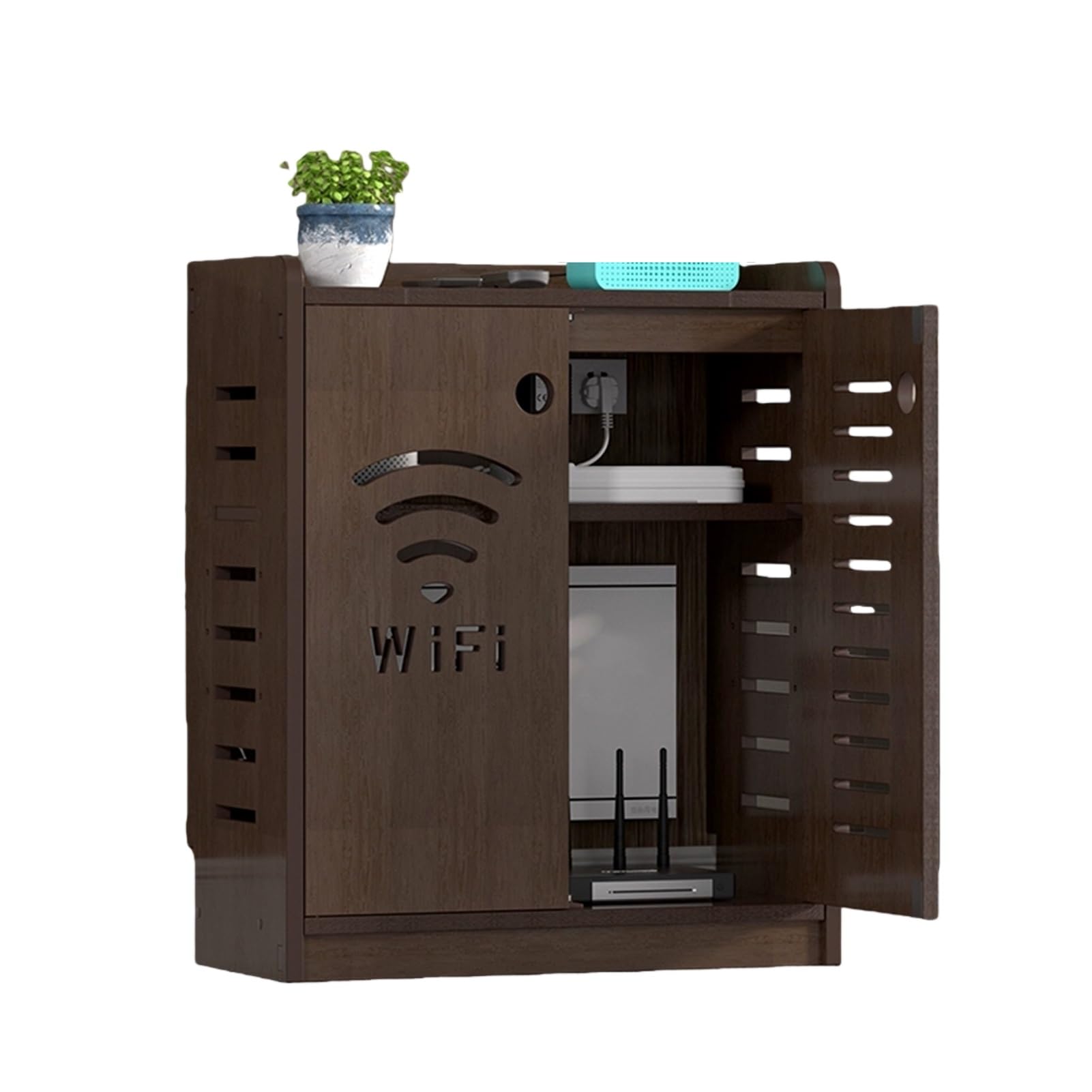 MESCXTY WiFi Router Storage Cabinet, Floor Standing Modem,with Adjustable Shelves,Power Strip Cable Management Hider Organizer(Brown,19.6x23.6x9.8in)