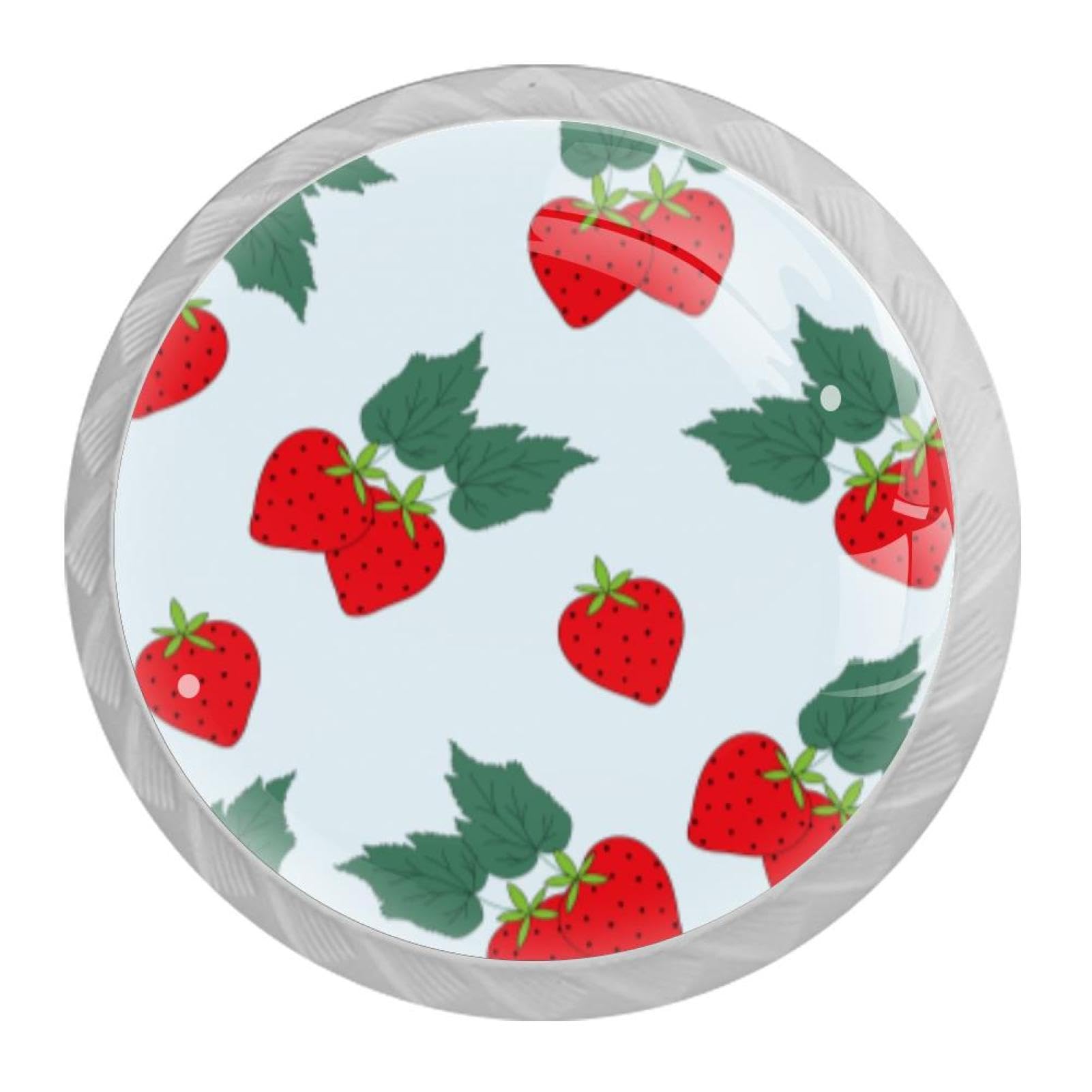 Tqmspg 4 Pieces Drawer Pulls Strawberry Prints Door Knobs Dresser Handles for Kitchen Wardrobe Cupboard Hardware Furniture